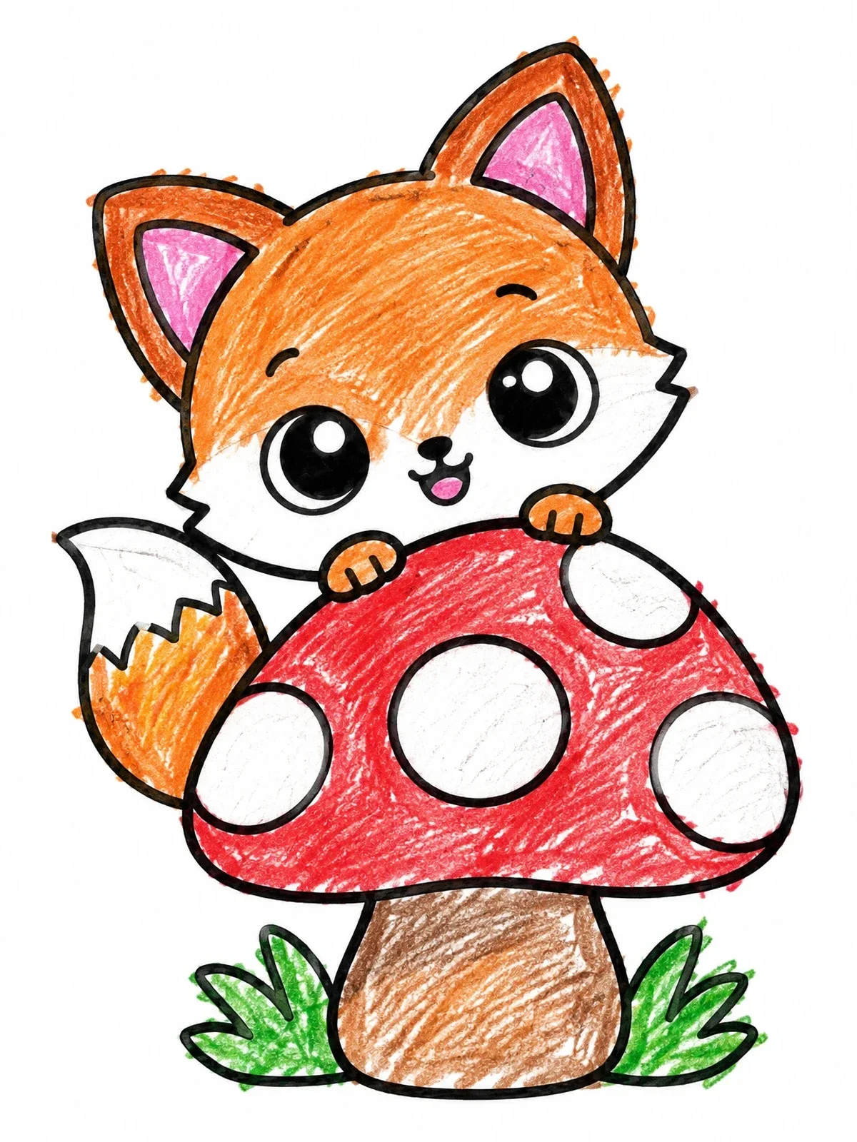Colored example of the Cute Baby Fox Behind Mushroom coloring page