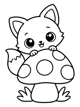 A kawaii fox coloring page featuring a baby fox peeking over a polka dot mushroom.