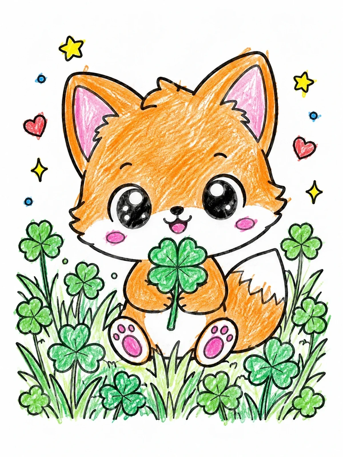 Colored example of the Cute Baby Fox With Four Leaf Clover coloring page