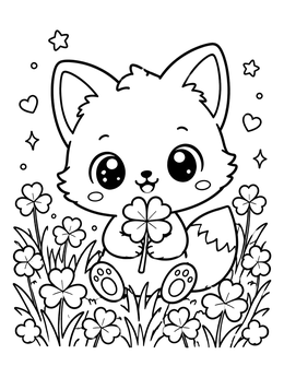 A kawaii fox coloring page showing a little fox holding a four-leaf clover in a meadow.
