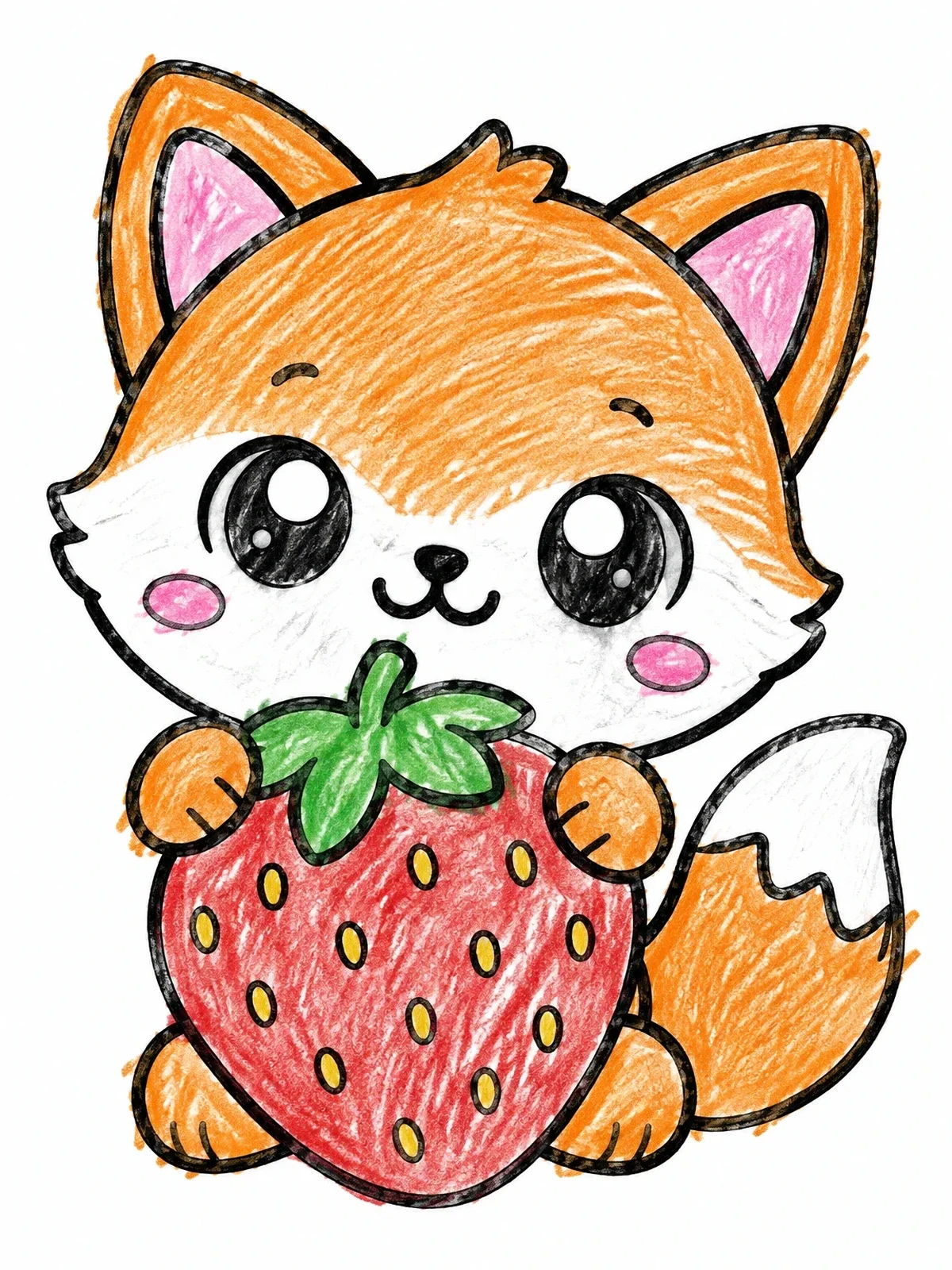 Colored example of the Cute Baby Fox Holding A Strawberry coloring page