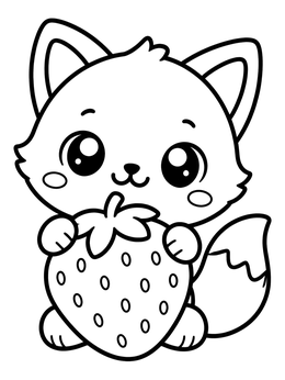 A kawaii fox coloring page featuring an adorable chibi fox holding a giant strawberry.