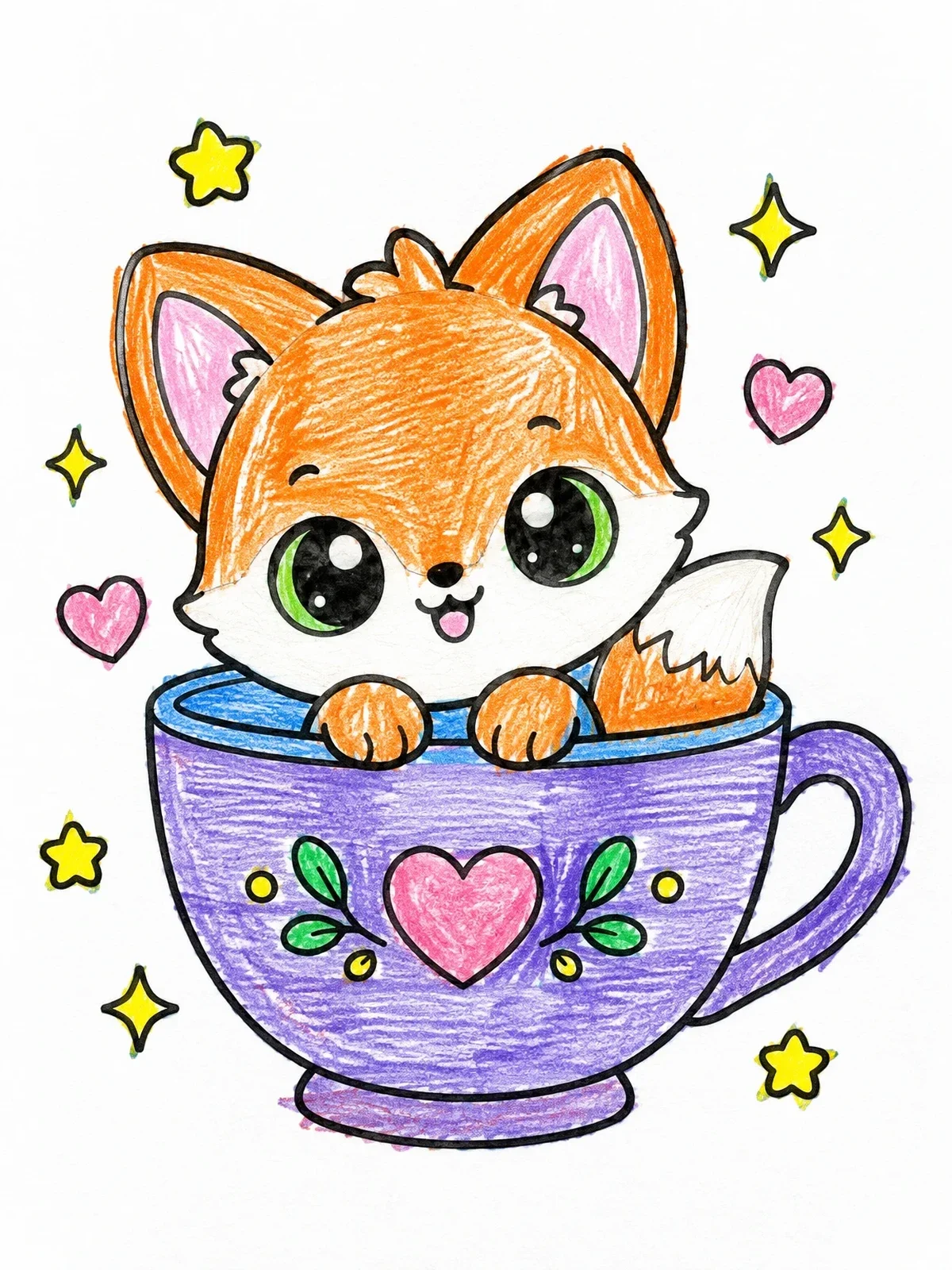 Colored example of the Cute Baby Fox In A Teacup coloring page