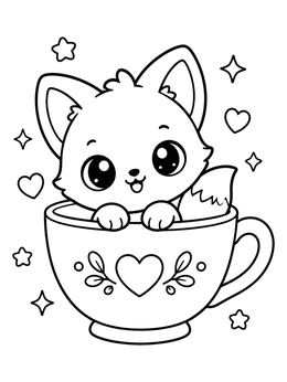 Free printable Cute Baby Fox In A Teacup coloring page