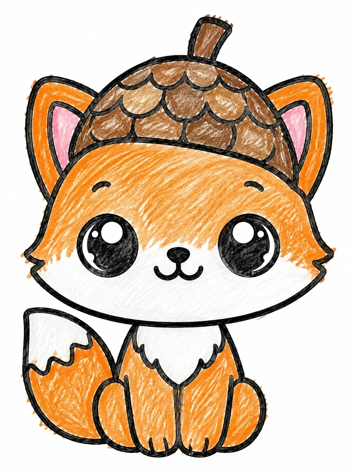 Colored example of the Cute Fox With Acorn Cap Hat coloring page