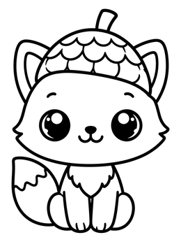 A kawaii fox coloring page featuring a small fox wearing an acorn cap hat.