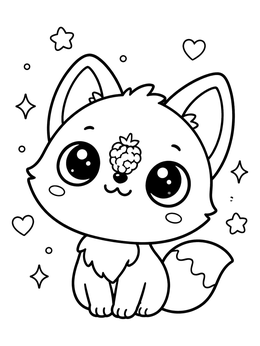 A kawaii fox coloring page featuring a small cub balancing a raspberry on its nose.