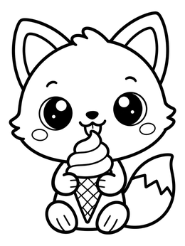 An adorable kawaii fox coloring page featuring a baby fox enjoying a swirl ice cream cone.