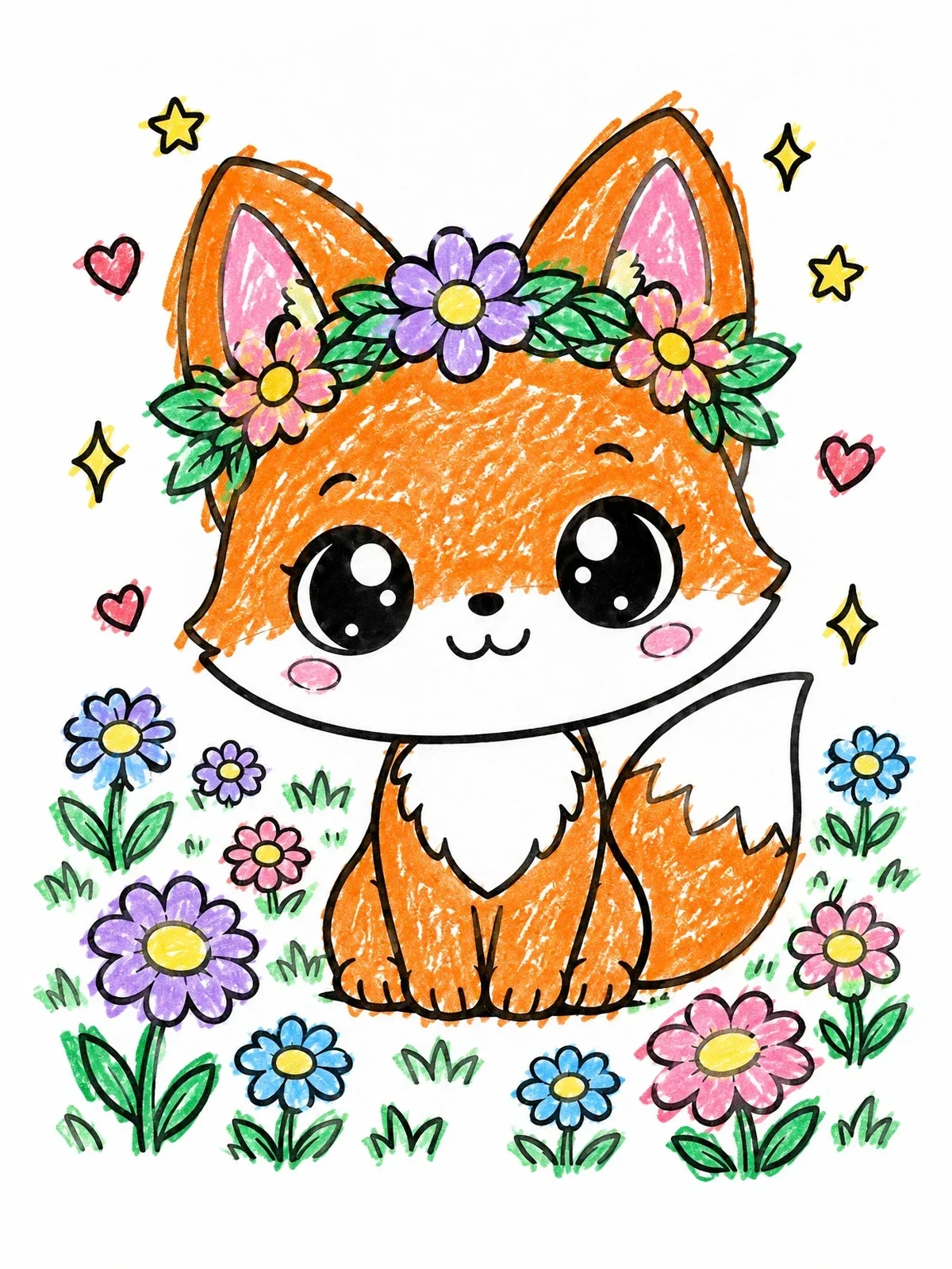 Colored example of the Cute Fox With Flower Crown coloring page