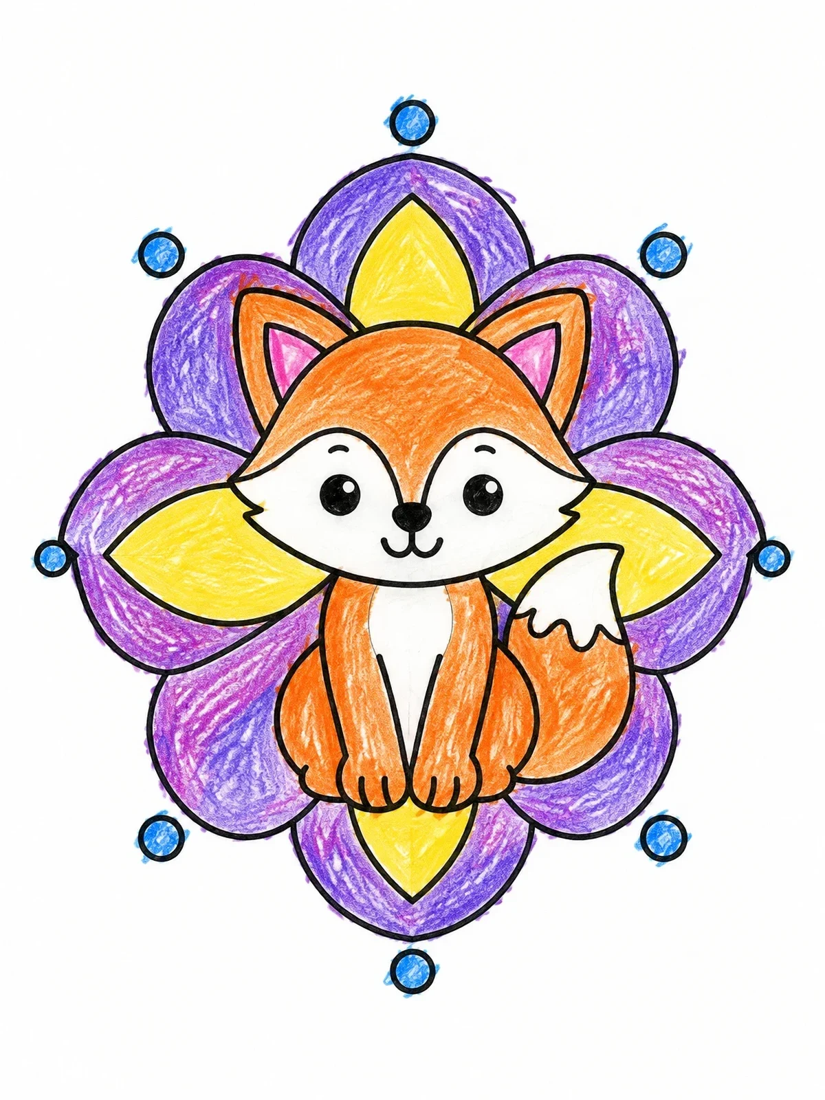 Colored example of the Cute Fox In Flower Mandala coloring page