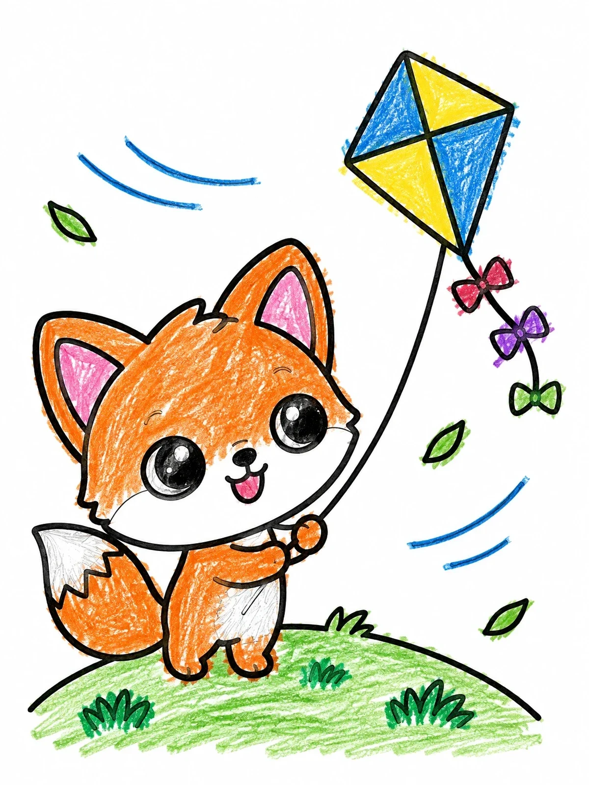 Colored example of the Cute Little Fox Flying A Kite coloring page