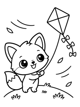 A cheerful kawaii fox coloring page featuring a baby fox flying a diamond kite outdoors.