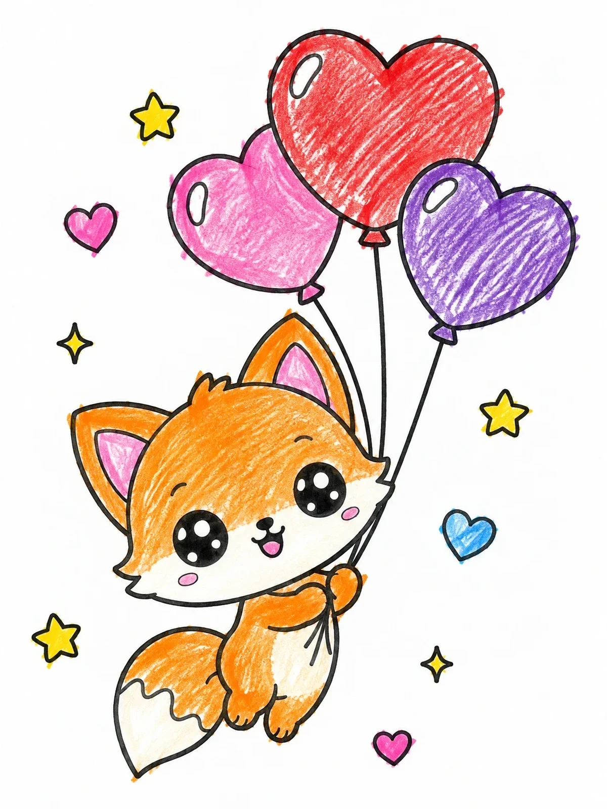 Colored example of the Cute Fox Floating With Heart Balloons coloring page