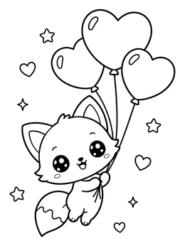 Free printable Cute Fox Floating With Heart Balloons coloring page