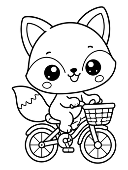 A kawaii fox coloring page showing a happy little cub riding a small bicycle with a front basket.