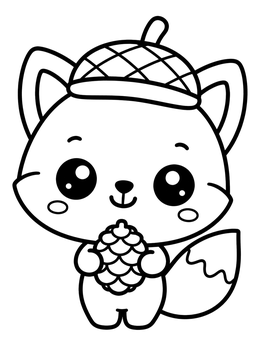 An adorable kawaii fox coloring page featuring a small fox wearing an acorn cap and holding a pinecone.