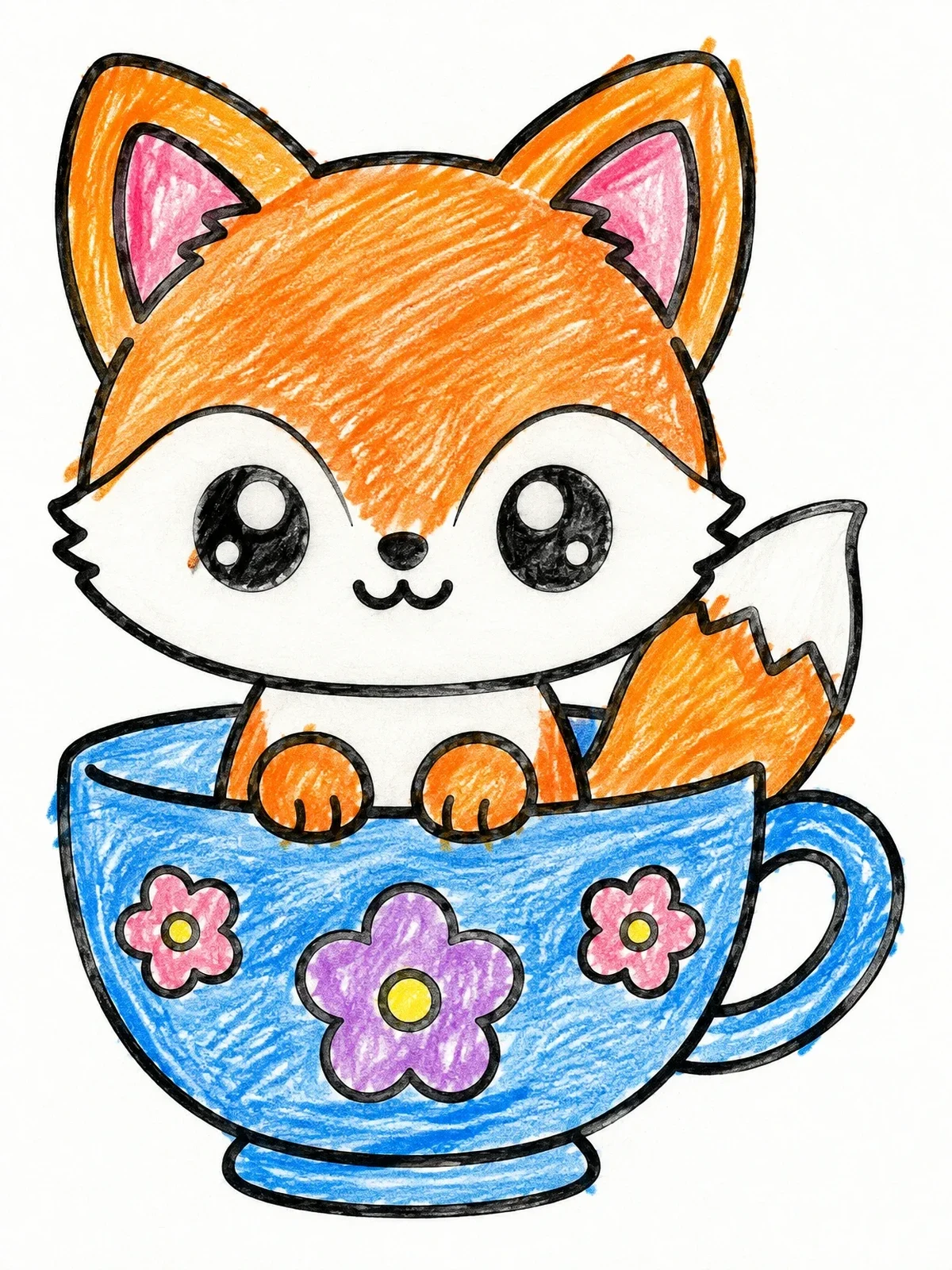 Colored example of the Cute Little Fox In A Teacup coloring page