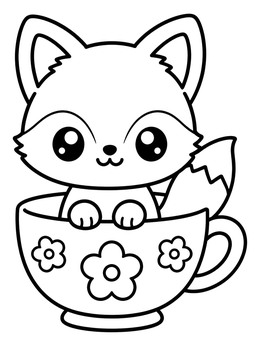 A kawaii fox coloring page featuring a baby fox sitting inside a floral teacup.