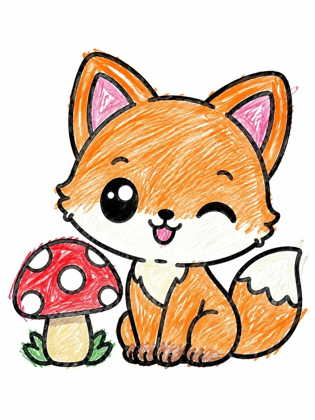 Colored example of the Cute Winking Fox And Mushroom coloring page