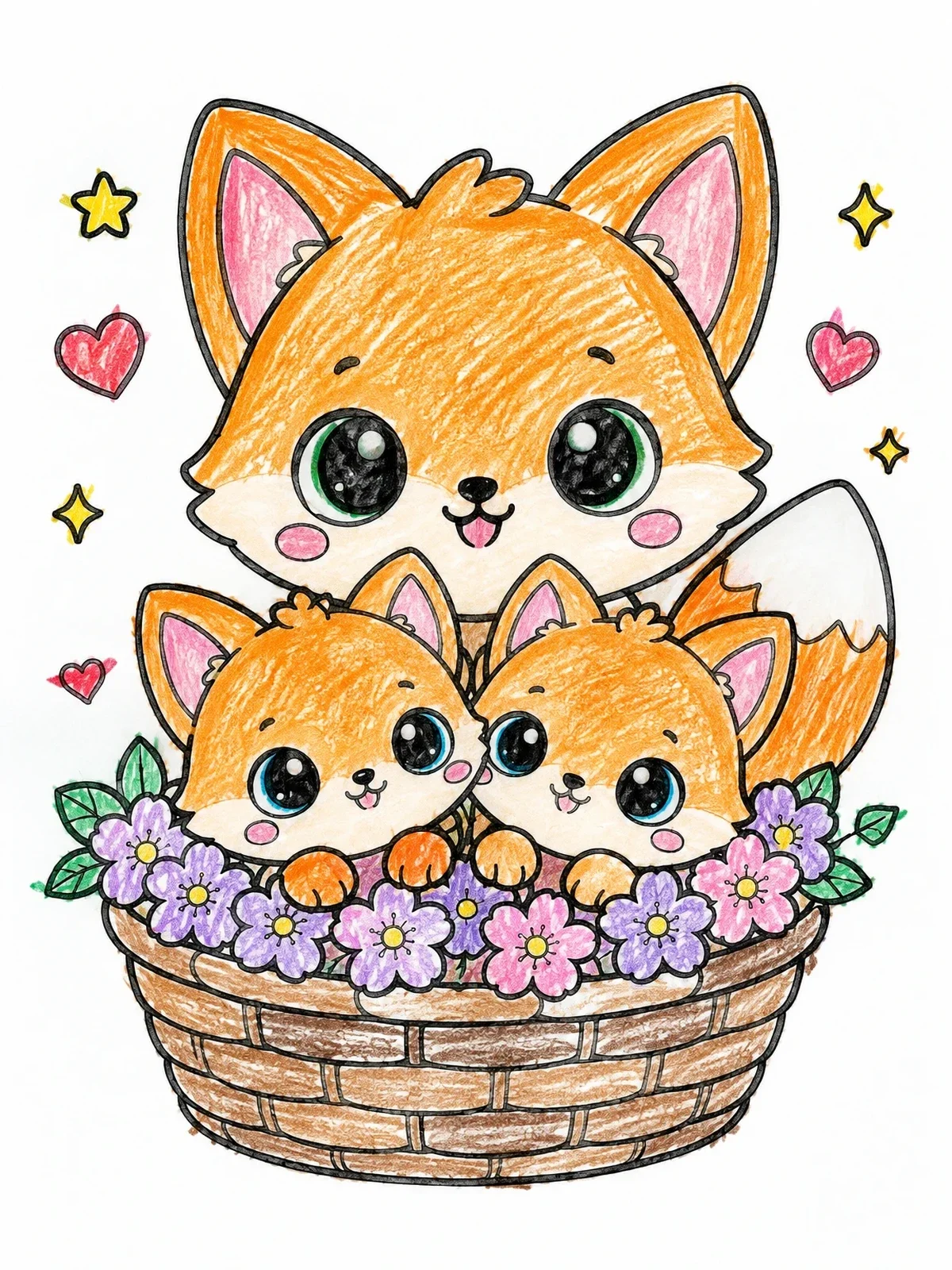 Colored example of the Fox Family In Flower Basket coloring page