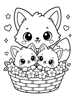 A cute kawaii fox coloring page with three foxes cuddled inside a flower basket.