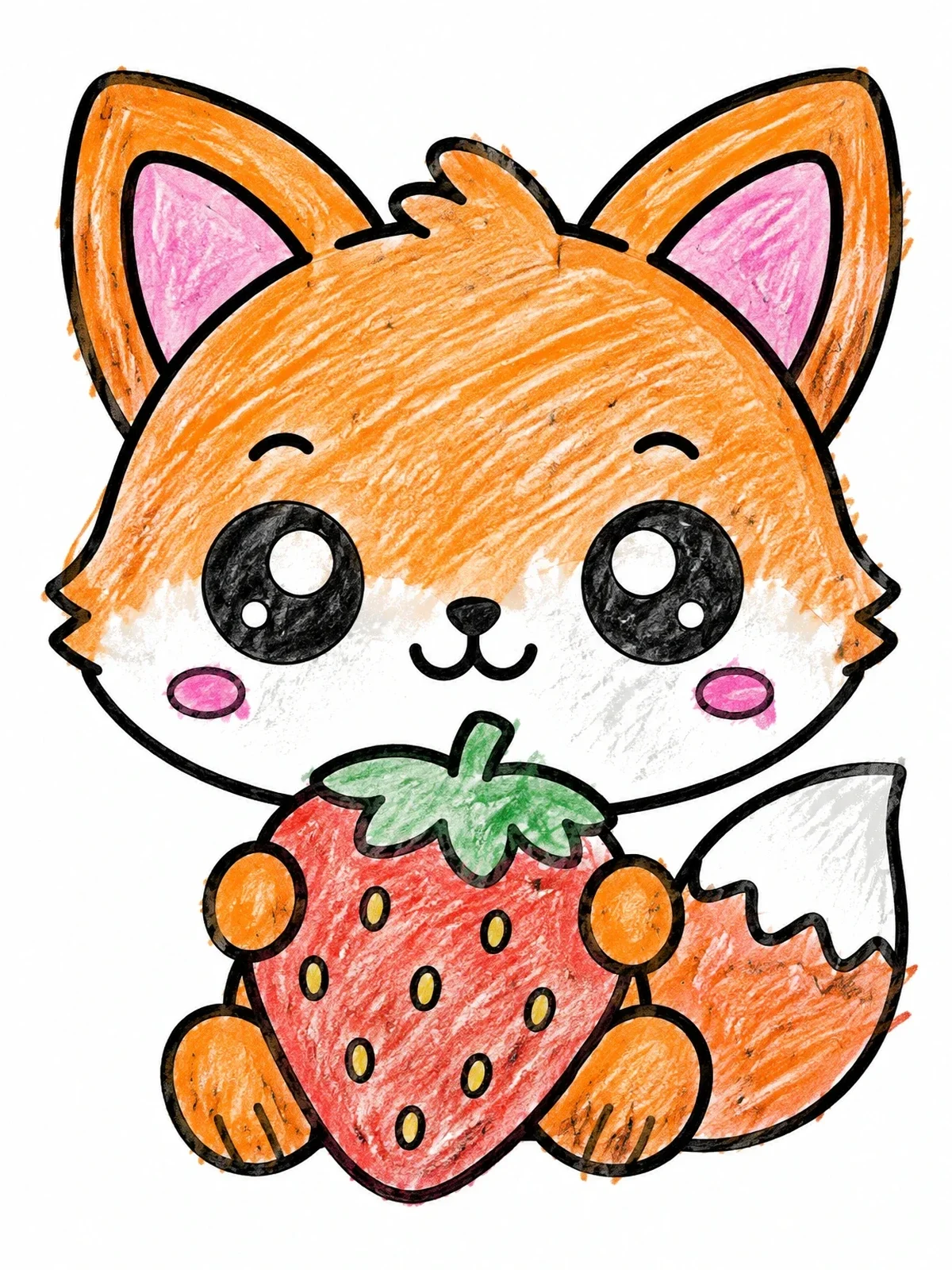 Colored example of the Cute Kawaii Fox With Strawberry coloring page