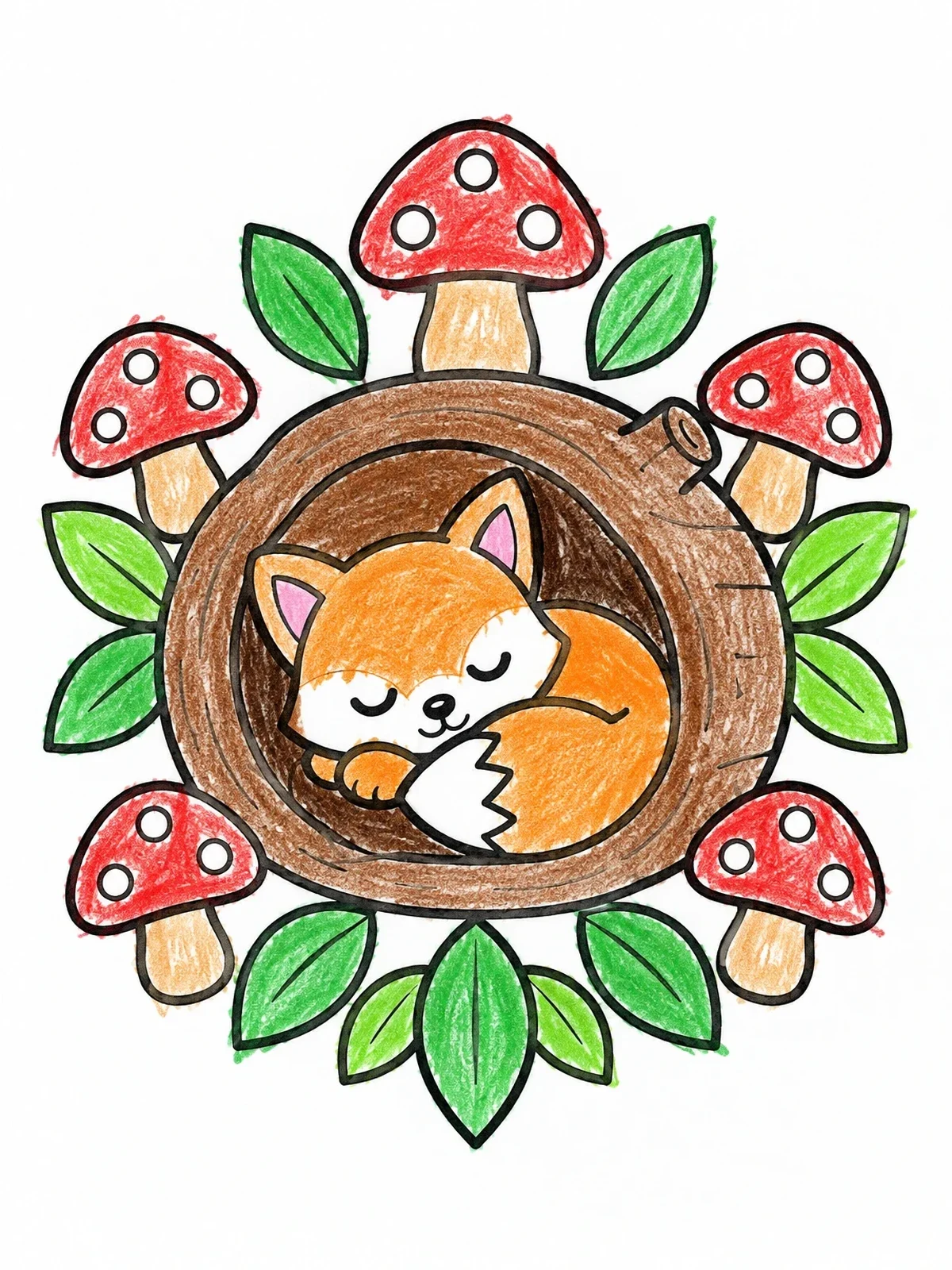 Colored example of the Sleeping Baby Fox In Log coloring page