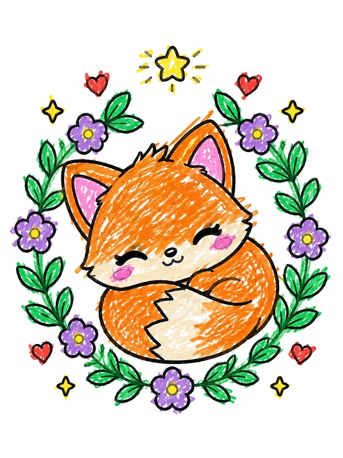 Colored example of the Sleeping Fox Wreath coloring page