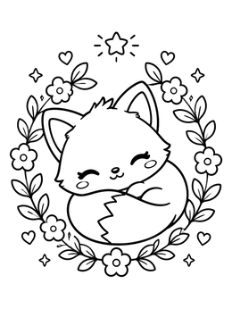 Free printable Sleeping Fox Wreath coloring page