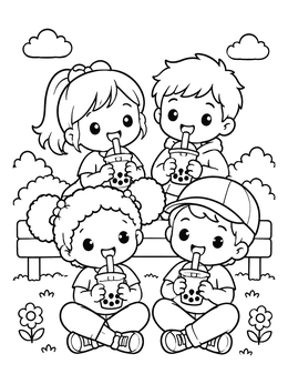 Four cute friends enjoying boba drinks together on this kawaii coloring page.