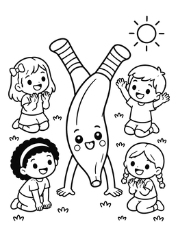 A kawaii fruit coloring page with a banana doing a handstand surrounded by happy children.
