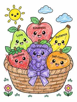 Basket Of Virtuous Fruit Friends – Kawaii Fruit Coloring Page