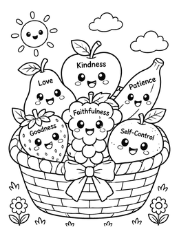 Free printable Basket Of Virtuous Fruit Friends coloring page