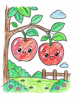 Cute Apples On An Orchard Branch – Kawaii Fruit Coloring Page