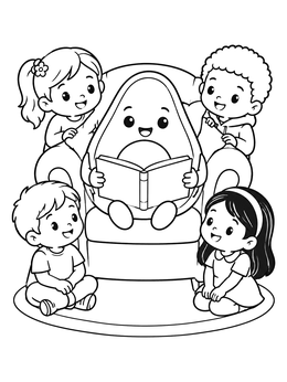 A friendly kawaii fruit coloring page showing an avocado reading a book to kids.