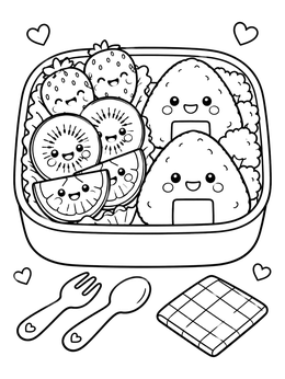 A kawaii fruit coloring page featuring smiling strawberries, kiwi, and onigiri inside a cute bento lunch box.