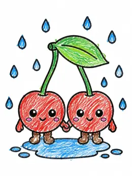 Cute Cherries In The Rain – Kawaii Fruit Coloring Page