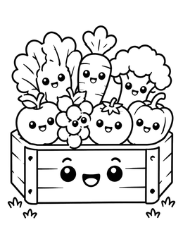 A kawaii fruit coloring page featuring smiling fruits and vegetables in a happy wooden crate.