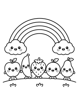 Happy friends hold hands in this kawaii fruit coloring page under a rainbow with smiling clouds.