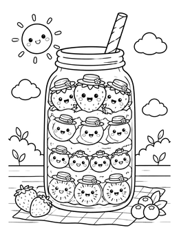 A kawaii fruit coloring page with happy layered fruit wearing small hats inside a jar.