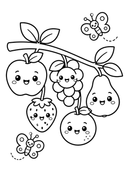 Cute Fruits on a Branch with Butterflies coloring page