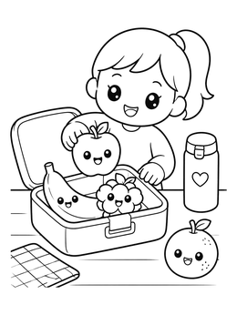 Free printable Cute Girl Packing Fruit Lunchbox coloring page