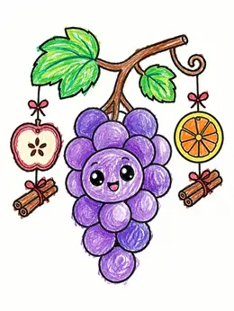 Cute Grapes And Fruit Ornaments – Kawaii Fruit Coloring Page