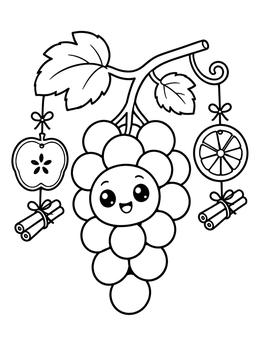 A kawaii fruit coloring page featuring smiling grapes alongside apple and citrus slices.