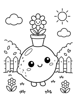 A cheerful kawaii fruit coloring page showing a smiling lemon balancing a potted flower.