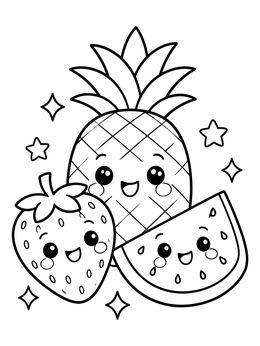 Free printable Cute Pineapple, Strawberry, And Watermelon Trio coloring page