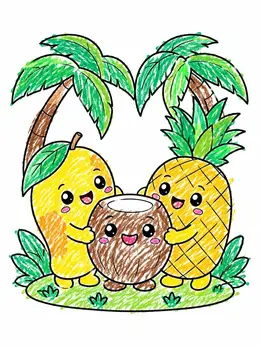 Cute Tropical Fruit Friends – Kawaii Fruit Coloring Page