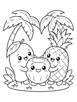 A kawaii fruit coloring page with a smiling mango, coconut, and pineapple under palm trees.