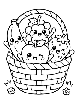 Free printable Cheerful Fruit Friends In A Picnic Basket coloring page