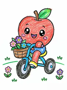 Happy Apple Riding A Tricycle – Kawaii Fruit Coloring Page